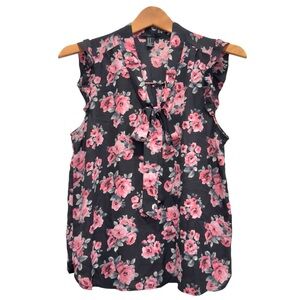 FOREVER 21 Pink Tie Front Pink Floral Ruffle Capped Sleeve Blouse